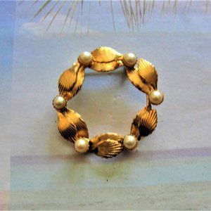 Vintage Gold Tone and Faux Pearl Leaf Brooch  Pin